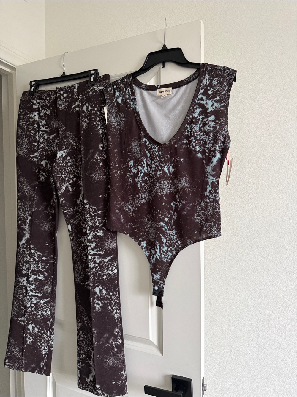 Open Edit Brown & Light Blue Marble Print Bodysuit + Pants Set
